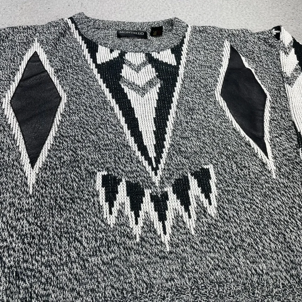Vintage Montello Sweater Mens Medium Gray Aztec Geometric Knit Leather Crewneck‎